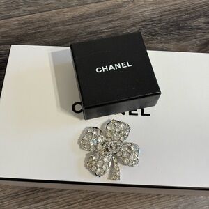 CHANEL Silver Clover Crystal Brooch